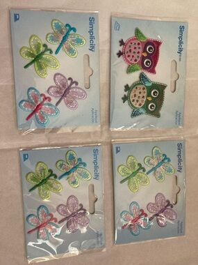 NWT Butterfly & Owl Iron-On Patches Simplicity - Multi-Color 4 pack bundle